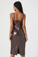 Women's Faux Leather Slit Midi Dress in Chocolate, XS