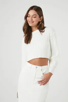 Women's Cropped Rib-Knit Sweater in Ivory Large