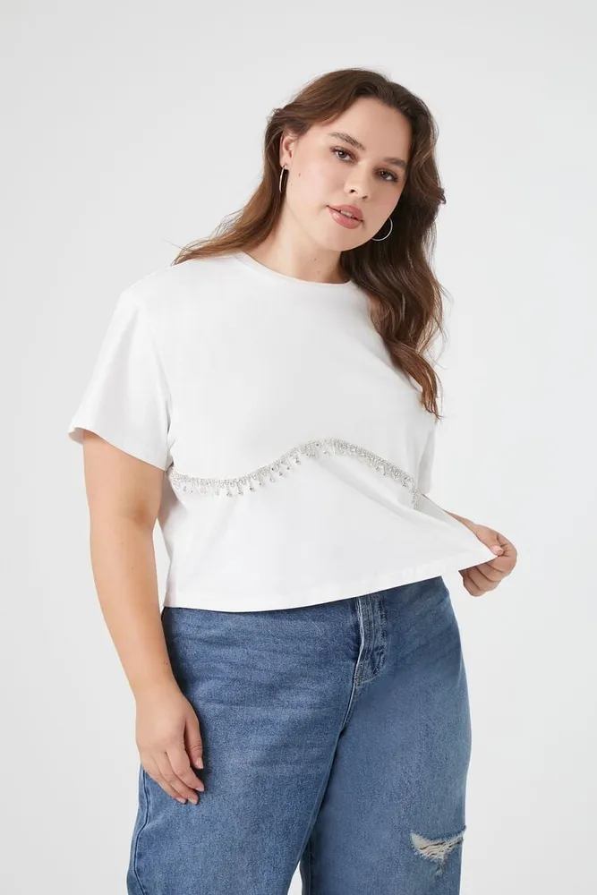 Women's Rhinestone-Trim Cropped T-Shirt in White, 1X