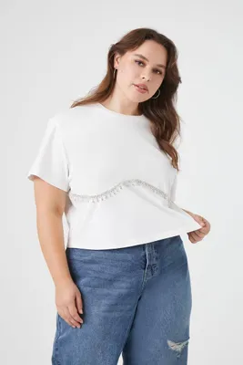 Women's Rhinestone-Trim Cropped T-Shirt in White, 1X