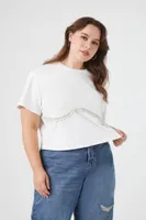 Women's Rhinestone-Trim Cropped T-Shirt in White, 1X