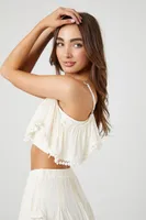 Women's Flounce Pom Pom Cropped Cami in White Medium