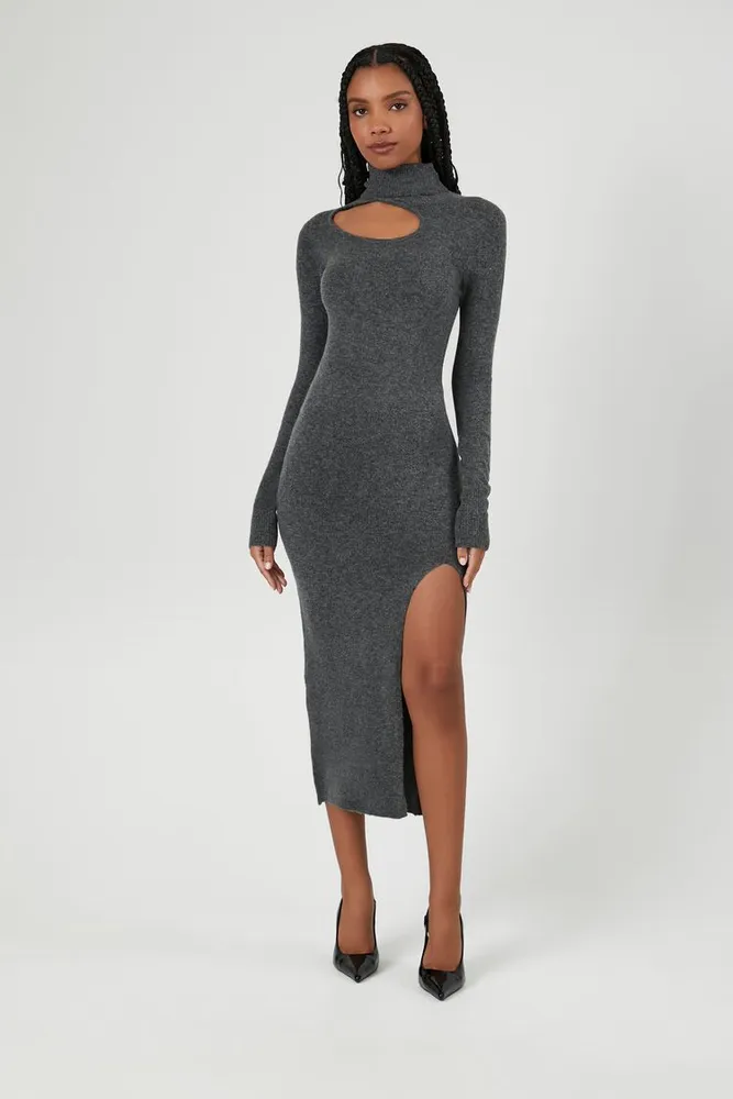 Women's Cutout Turtleneck Midi Sweater Dress in Charcoal Large