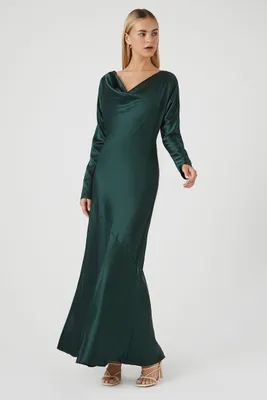 Women's Satin Cowl Neck Maxi Dress in Dark Green, XS