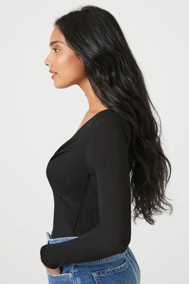 Forever 21 Women's Twisted Long-Sleeve Bodysuit in Black, XL