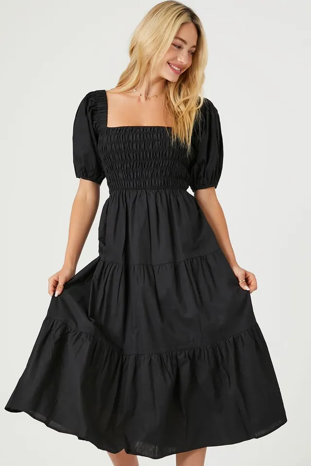 Forever 21 Women's Tiered Puff-Sleeve Midi Dress in Black Small | MainPlace  Mall
