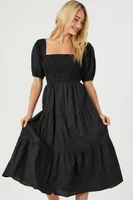 Women's Tiered Puff-Sleeve Midi Dress in Black, XS