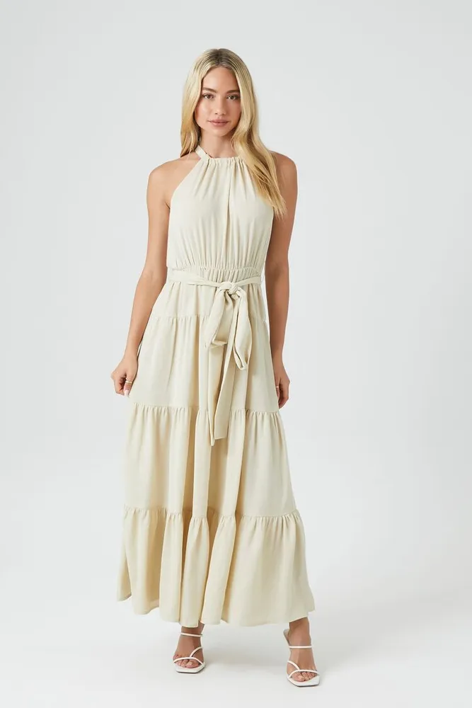 Women's Belted Halter Maxi Dress in Sandshell, XS