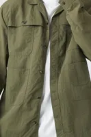 Men Nylon Button-Up Pocket Shirt in Olive Medium