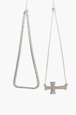 Women's Cross Pendant Necklace Set in Silver/Clear