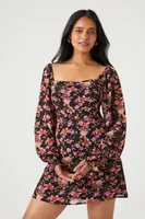 Women's Floral Long-Sleeve Mini Dress in Pink/Black Small