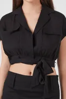 Women's Chambray Tie-Hem Crop Top in Black Small