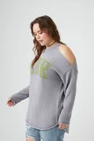 Women's 4EVR Graphic Cutout Sweater in Heather Grey, 1X