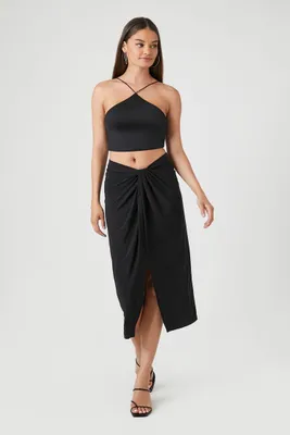 Women's Ruched Twisted Slit Midi Skirt