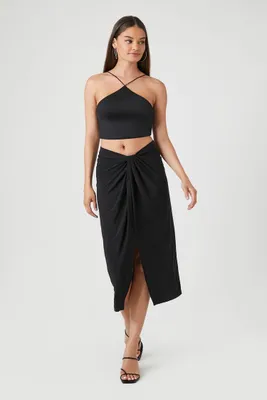 Women's Ruched Twisted Slit Midi Skirt in Black Medium