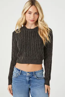 Women's Cable Knit Cropped Sweater in Black Medium