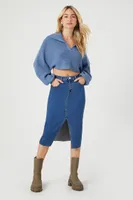 Women's Split-Neck Sweater Crop Top in Stone Blue, XL