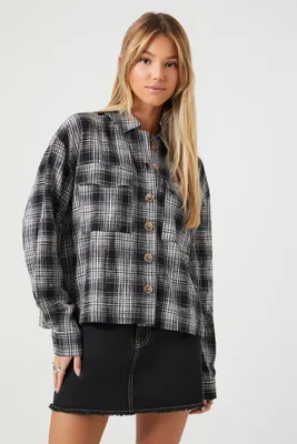 Women's Plaid Boxy Flannel Shirt in Black, XS