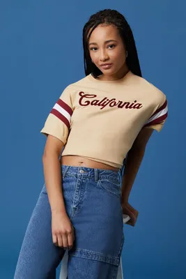 Women's Varsity-Striped California Graphic T-Shirt in Beige, XS