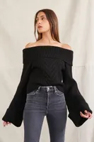 Women's Off-the-Shoulder Bell-Sleeve Sweater in Black, XL