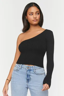 Women's One-Shoulder Sweater-Knit Top in Black Small