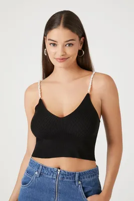 Women's Sweater-Knit Faux Pearl Cami in Black Small