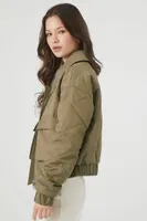 Women's Quilted Pocket Bomber Jacket in Olive Small