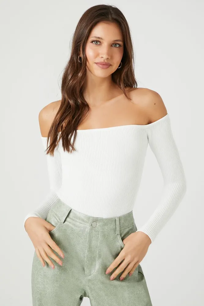 Women's Off-the-Shoulder Sweater-Knit Bodysuit in White Large