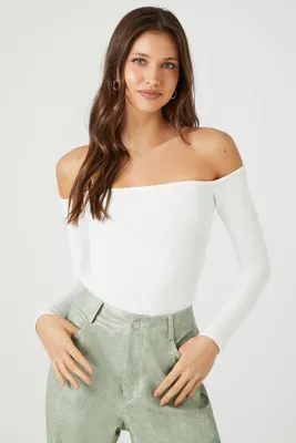 Women's Off-the-Shoulder Sweater-Knit Bodysuit in White Large