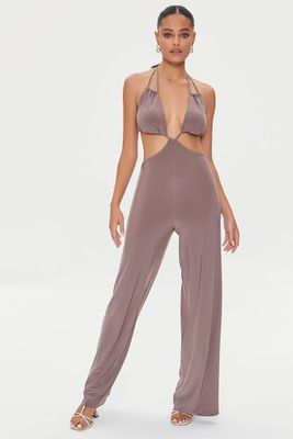 Women's Cutout Halter Jumpsuit in Brown Medium