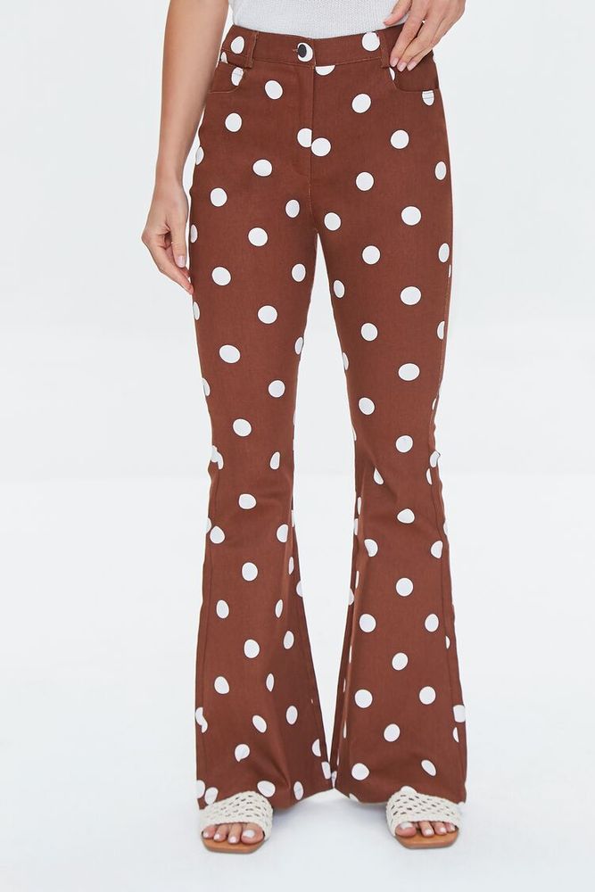 Women's Polka Dot Print Flare Pants Brown/White