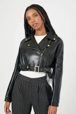 Women's Cropped Faux Leather Moto Jacket in Black Small