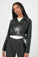 Women's Cropped Faux Leather Moto Jacket in Black Small