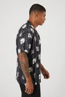 Men Satin Skull Print Shirt in Black/Cream, XL