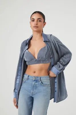 Women's Pleated Shirt & Cropped Cami Set Blue