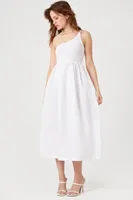 Women's One-Shoulder Babydoll Midi Dress in White Large