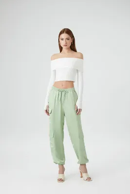 Women's Satin Mid-Rise Cargo Pants in Sage Large