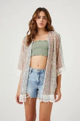 Women's Lace-Trim Ornate Print Kimono in Cream Medium