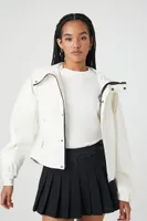 Women's Hooded Snap-Button Jacket in White/Black, XS