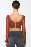 Women's Crochet Lace Long-Sleeve Crop Top in Brown Large