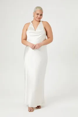 Women's Satin Halter Maxi Dress in Ivory, 3X