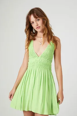 Women's Smocked Ruffle Cami Mini Dress in Lime Large