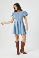 Women's Denim Puff-Sleeve Babydoll Mini Dress in Light Denim, XS