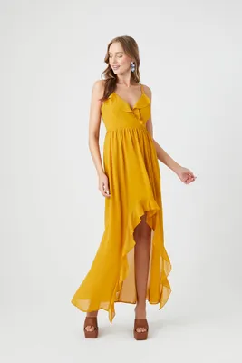 Women's Chiffon Ruffle High-Low Dress in Gold, XS