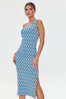 Women's Geo Print Slit Midi Dress in Blue Small