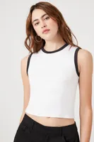 Women's Ringer Cropped Tank Top in White/Black, XL