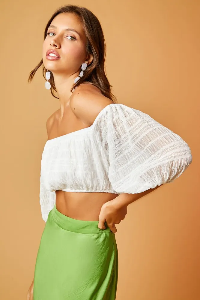 Women's Mesh Off-the-Shoulder Crop Top in White, XL