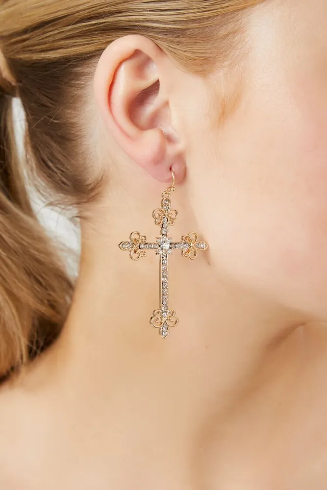 Women's Rhinestone Cross Drop Earrings in Gold/Clear