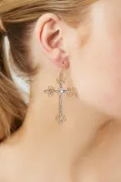 Women's Rhinestone Cross Drop Earrings in Gold/Clear