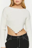 Women's Ribbed V-Hem Long-Sleeve Crop Top in Vanilla Medium